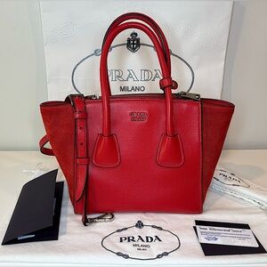 PRADA Milano Red Lleather & Suede Removable Strap Crossbody Handbag Tote bag.